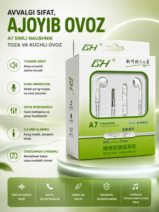 A7 Stereo Simli Naushnik Mikrofonli 3.5 mm Quloqchin Android va iPhone Qurilmalari uchun - 