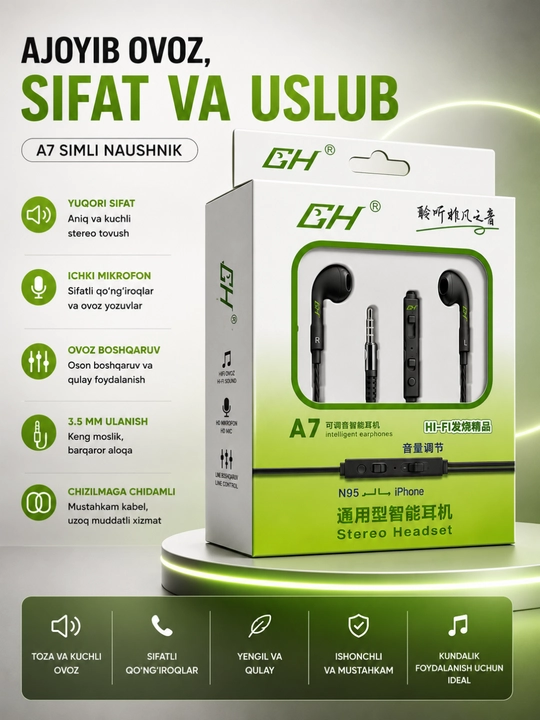 A7 Stereo Simli Naushnik Mikrofonli 3.5 mm Quloqchin Android va iPhone Qurilmalari uchun - 
