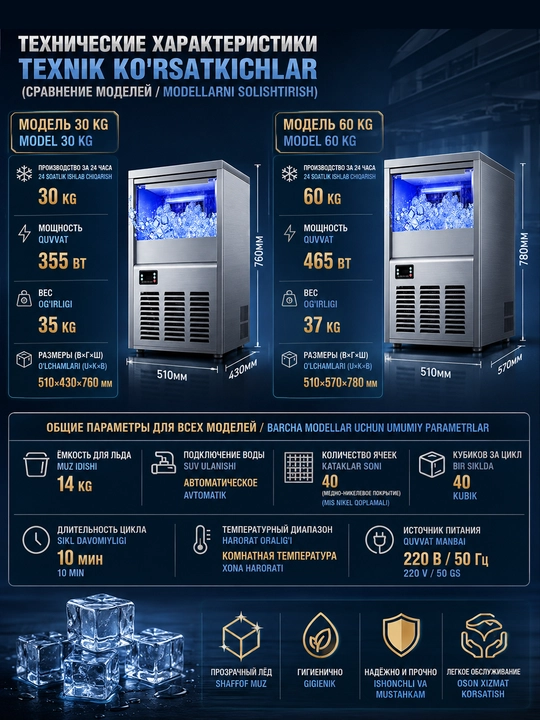 Льдогенератор, Профессиональный, 30 / 60 кг, приготовление льда для коктейлей
