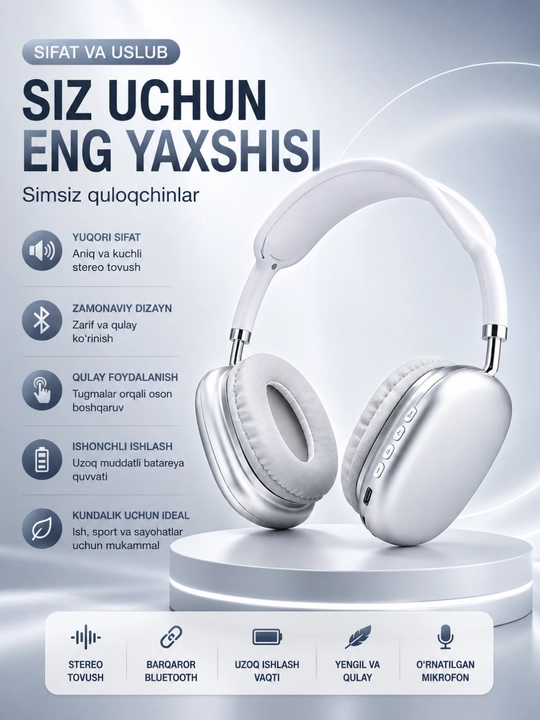 Simsiz Bluetooth Quloqchin – Hi-Fi Stereo Ovoz, 12 Soat Ishlash va Bluetooth 5.0 - 