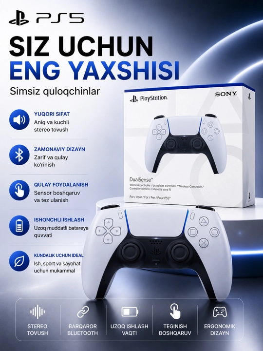 Bluetooth, tebranish va premium dizaynli PS5 DualSense simsiz kontrolleri - 