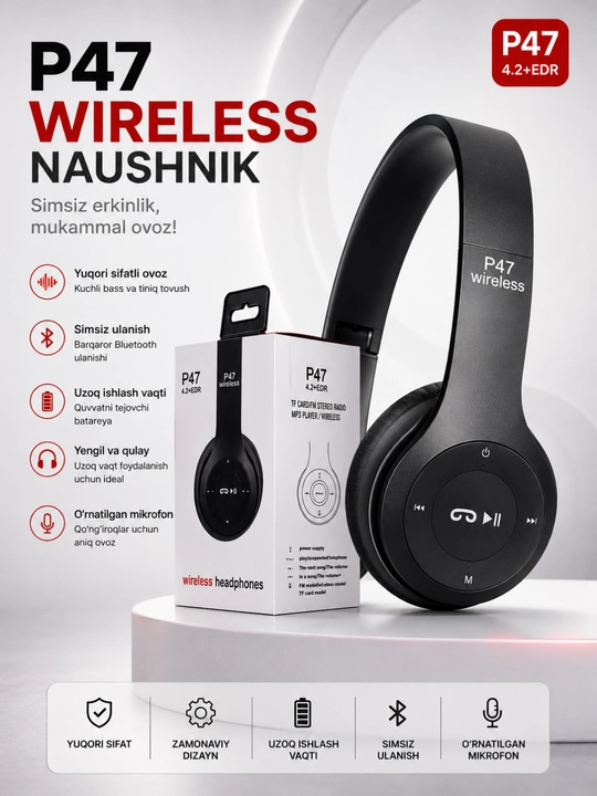 P47 Wireless Bluetooth Quloqchin – Stereo Ovoz, Mikrofon, TF Karta va AUX Ulanish - 