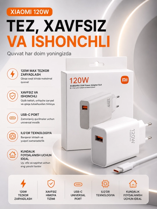 33W / 67W / 120W Tezkor Zaryadlovchi Adapter – USB-C Fast Charger To'plami - 