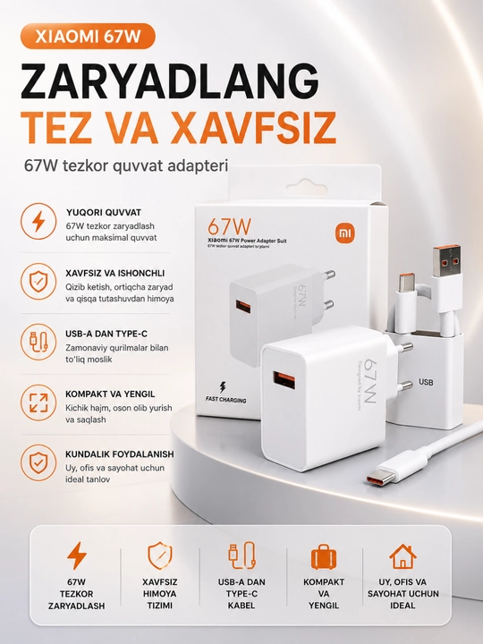 33W / 67W / 120W Tezkor Zaryadlovchi Adapter – USB-C Fast Charger To'plami - 