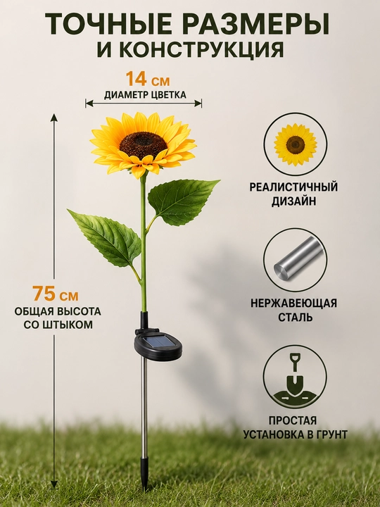 Садовый фонарь на солнечной батарее "Подсолнух"/ Светодиодный светильник/декор для двора