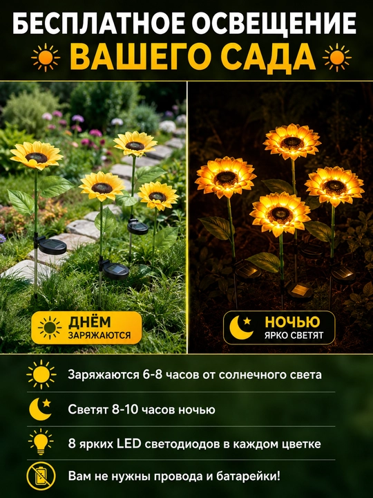 Садовый фонарь на солнечной батарее "Подсолнух"/ Светодиодный светильник/декор для двора