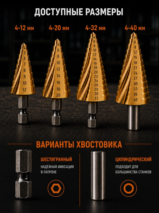 Сверло ступенчатое HSS 4-12/20/32/40 мм