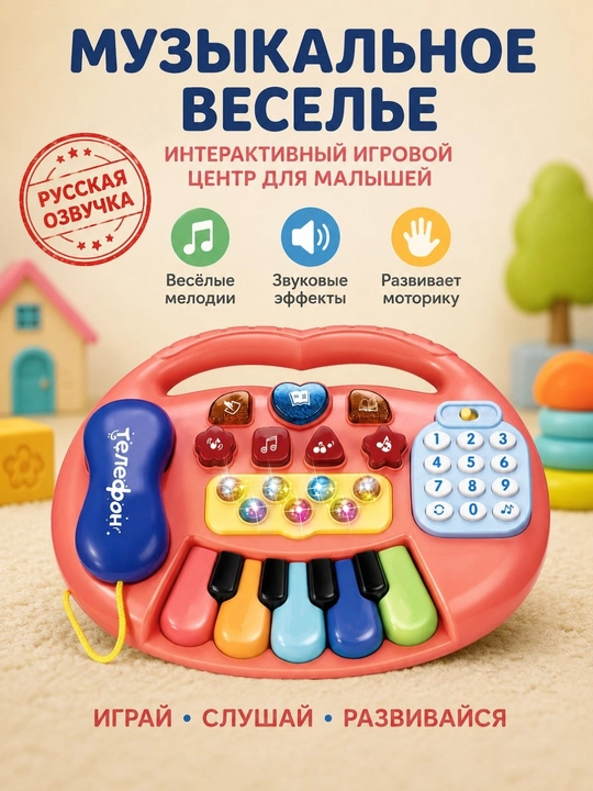 Bolalar uchun musiqiy o‘yinchoq, telefon, chiroq va ovozli pianino - 