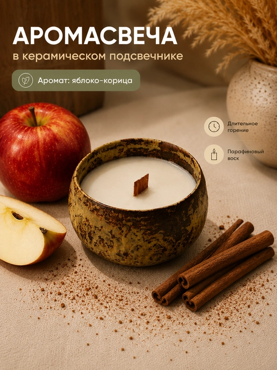 Ароматическая свеча в керамическом подсвечнике Яблоко и корица CNDL2 - 