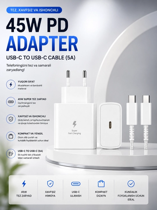 USB-C dan USB-C gacha bo‘lgan kabel bilan 45 Vt PD tez quvvatlash qurilmasi 5A tez quvvatlash - 