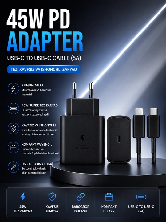 USB-C dan USB-C gacha bo‘lgan kabel bilan 45 Vt PD tez quvvatlash qurilmasi 5A tez quvvatlash - 