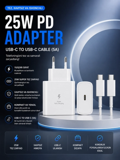 25W PD Tezkor Zaryadlovchi Adapter – USB-C 5A Kabel bilan Fast Charge Komplekti - 