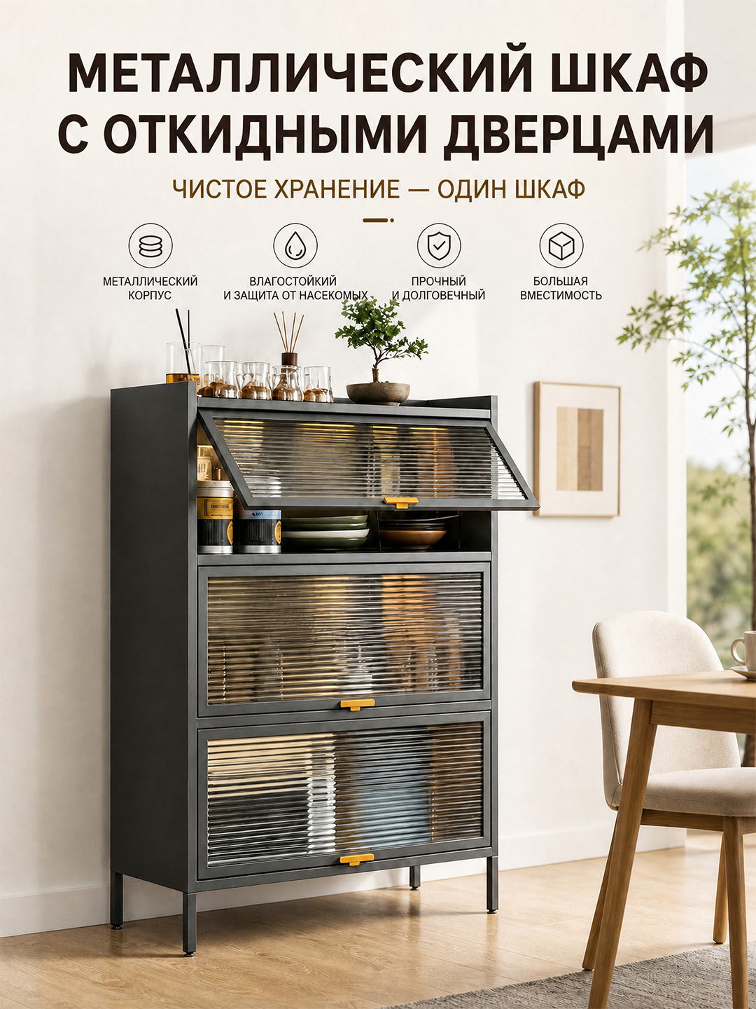 Кухоная полка с раздвижными дверями для хранения специй, посуды и кухоных принадлежностей - 