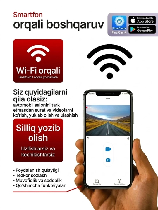 3 va 4 kamerali videoregistrator, G-sensor, zarba datchigi bilan jihozlangan