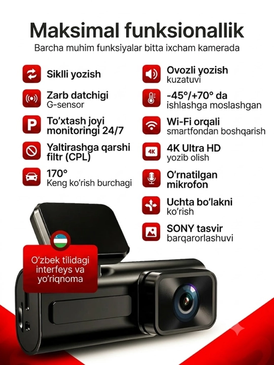 3 va 4 kamerali videoregistrator, G-sensor, zarba datchigi bilan jihozlangan