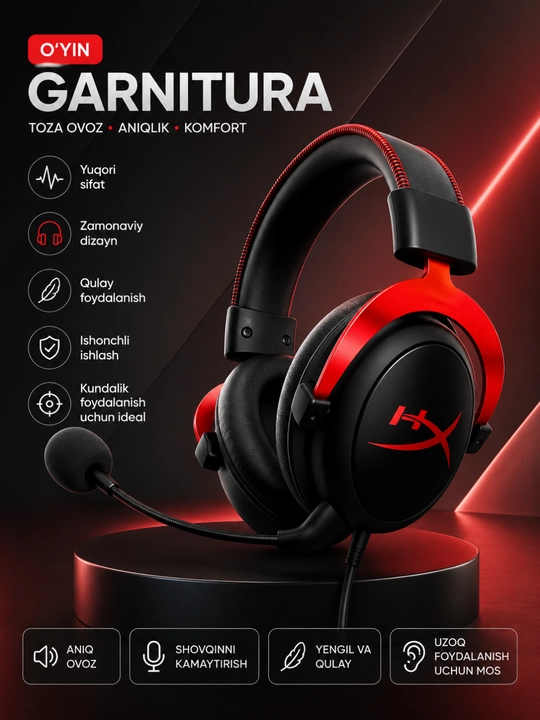 HyperX Cloud II PS5 kompyuter uchun stereo mikrofonli o‘yin garniturasi Xbox noutbuki - 