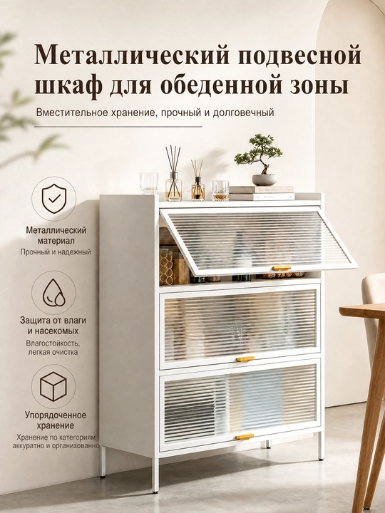 Металлический кухонный шкаф с прозрачными раздвижными дверцами и полками