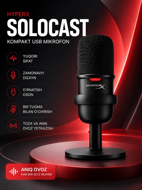 HyperXSoloCastUSBkondensatorlimikrofono‘yinlar,podkastlarvayozuvlarnistriming qilish uchun - 