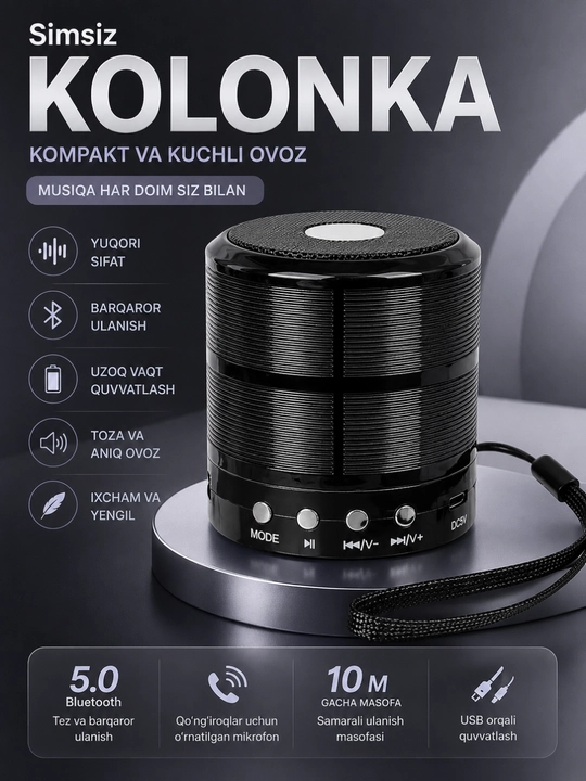 WS-887 Bluetooth Kolonka Simsiz Karnay FM Radio USB TF AUX Portativ Dinamik Qora - 