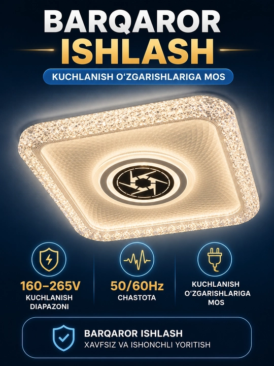 LED plafon 96W Ø45 sm, dumaloq va kvadrat, 3 xil yoritish rejimi, kristall ramkali