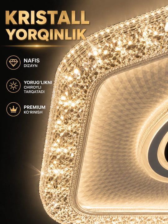 LED plafon 96W Ø45 sm, dumaloq va kvadrat, 3 xil yoritish rejimi, kristall ramkali