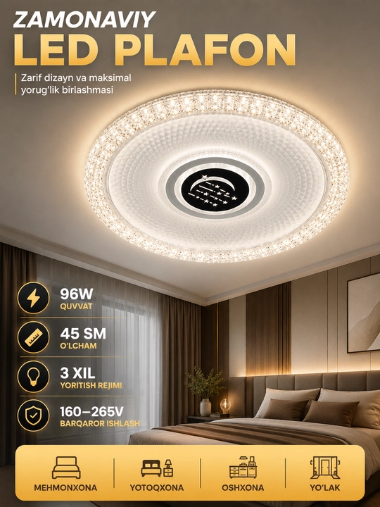 LED plafon 96W Ø45 sm, dumaloq va kvadrat, 3 xil yoritish rejimi, kristall ramkali