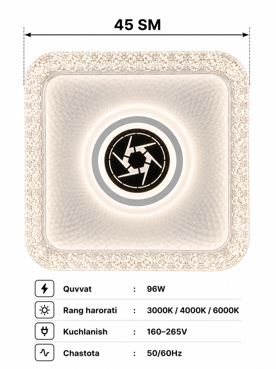 LED plafon 96W Ø45 sm, dumaloq va kvadrat, 3 xil yoritish rejimi, kristall ramkali