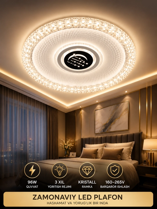 LED plafon 96W Ø45 sm, dumaloq va kvadrat, 3 xil yoritish rejimi, kristall ramkali