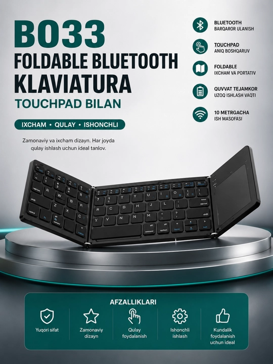 B033 Yig'iladigan Bluetooth Klaviatura Touchpad bilan, Android, iOS, Windows uchun - 