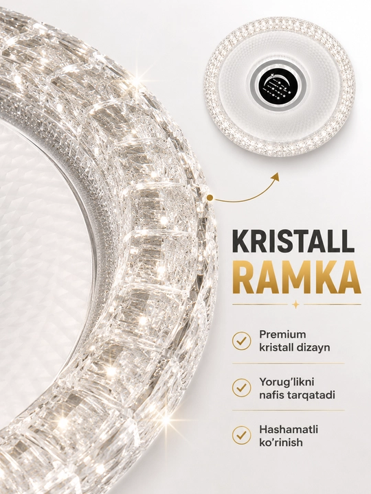 LED plafon 96W Ø45 sm, dumaloq va kvadrat, 3 xil yoritish rejimi, kristall ramkali