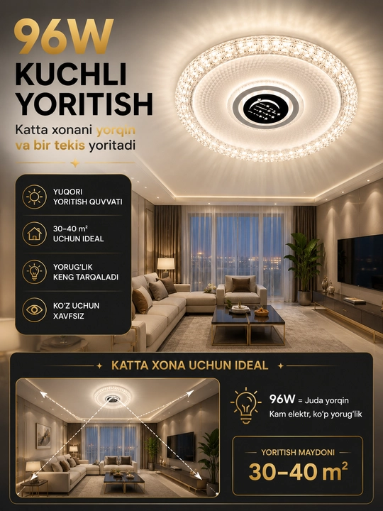 LED plafon 96W Ø45 sm, dumaloq va kvadrat, 3 xil yoritish rejimi, kristall ramkali