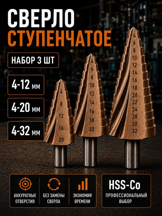 Сверло ступенчатое HSS 4-12/20/32/40 мм