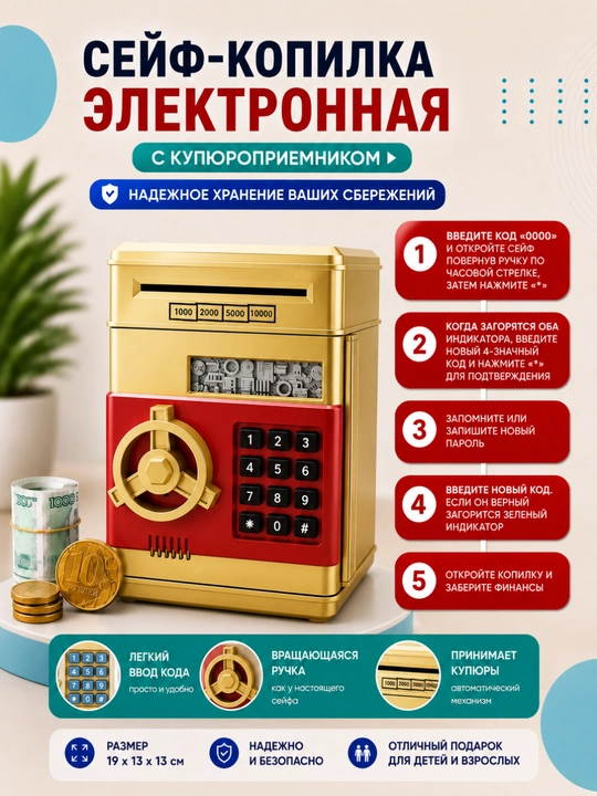 Seyf, kopilka barmoq izi skaneri, raqamli kod va haqiqiy tovushlar bilan jihozlangan