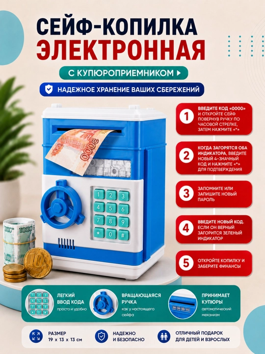 Seyf, kopilka barmoq izi skaneri, raqamli kod va haqiqiy tovushlar bilan jihozlangan