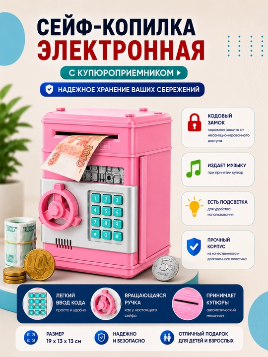 Seyf, kopilka barmoq izi skaneri, raqamli kod va haqiqiy tovushlar bilan jihozlangan - 