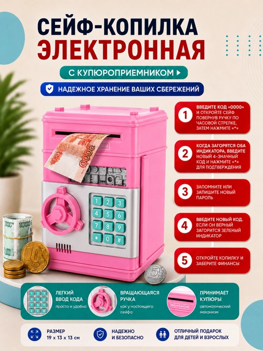 Seyf, kopilka barmoq izi skaneri, raqamli kod va haqiqiy tovushlar bilan jihozlangan