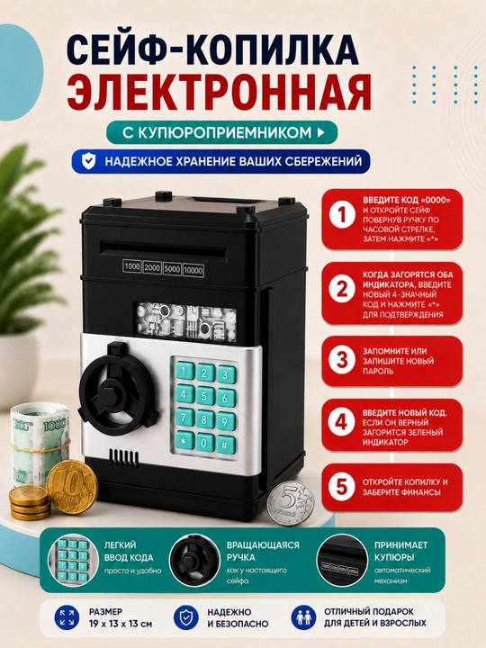 Seyf, kopilka barmoq izi skaneri, raqamli kod va haqiqiy tovushlar bilan jihozlangan