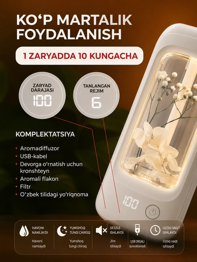 Uy uchun avtomatik havo tozalagich va xushbo‘ylantirgich, 1 ta shisha sovg‘a sifatida