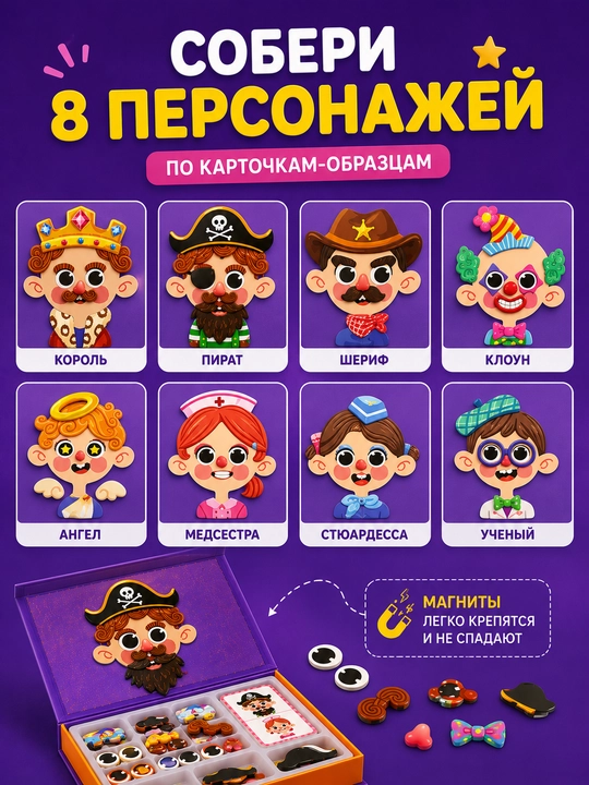 Магнитная игра-конструктор Change Face с карточками и магнитными деталями, 55 элементов