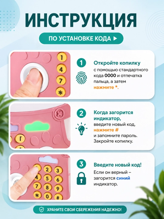 Seyf, kopilka barmoq izi skaneri, raqamli kod va haqiqiy tovushlar bilan jihozlangan