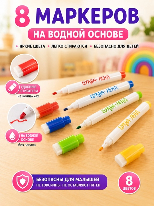 Ko‘p martalik "Chiz va o‘chir" bo‘yash to‘plami, 2 ta kitob, 8 ta marker, 3+ yosh