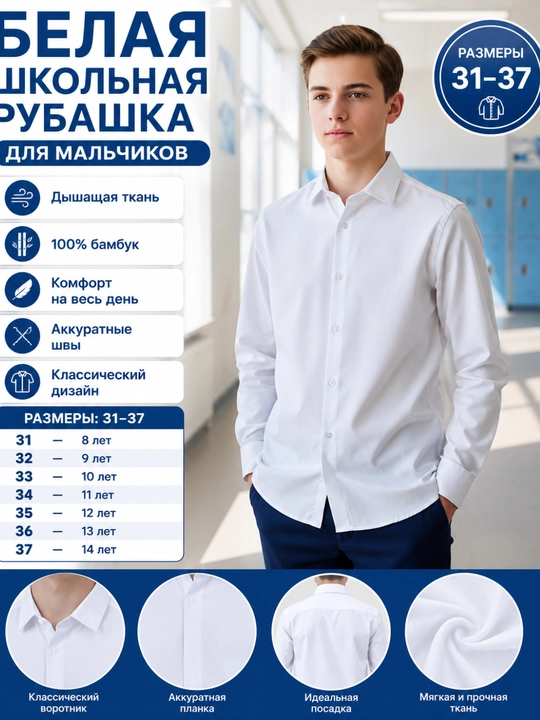 Bolalar ko‘ylagi, oq ko‘ylak, maktab ko‘ylagi, 1-8-sinflar uchun
