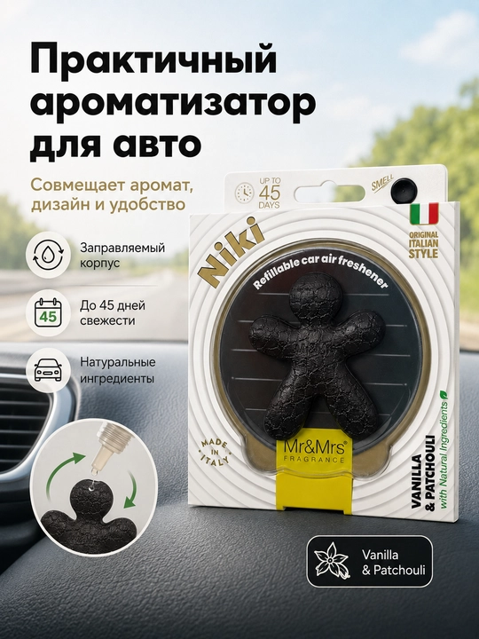 Mr&Mrs Fragrance Niki avtomobil aromatizatori, qayta to‘ldiriladigan, 45 kungacha