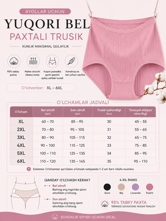 Katta o'lchamli ayollar trusiklar, paxtali, yuqori posadkali XL-6XL