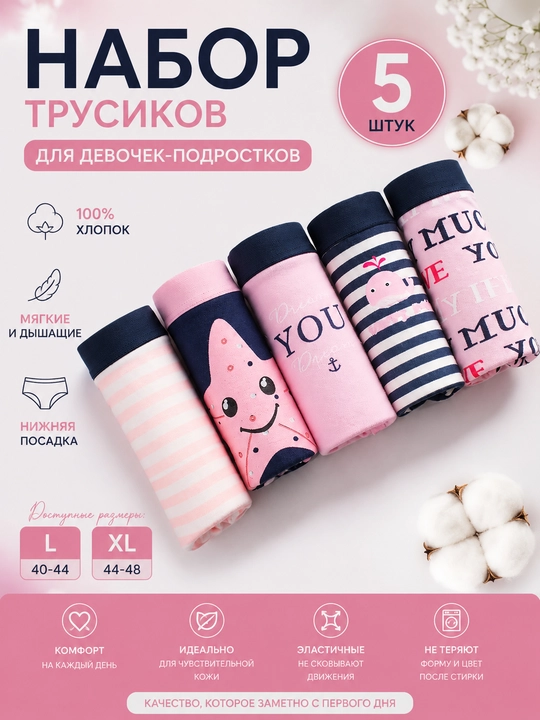 Комплект трусов для девочек-подростков, 5шт - 