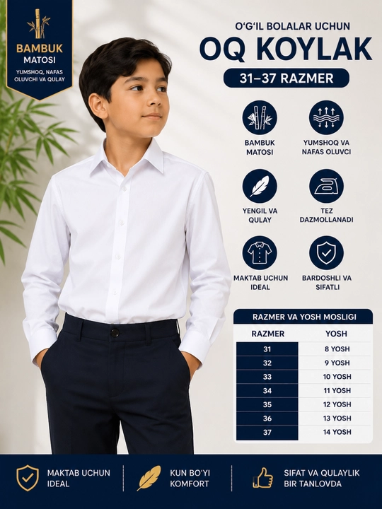 Oq ko'ylak maktab yoshdagi o'g'il bolalar uchun, oq, maktab uchun, 1-8 sinflar