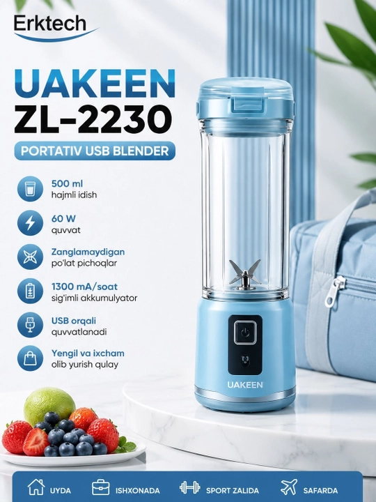 Blender, blinder, mini blinder, UAKEEN ZL-2230 portativ USB-blenderi, 500 ml, 60 Vt - 