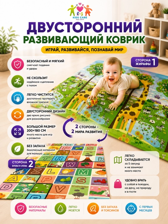 Развивающий детский коврик, складной, для ползания, 180×200, двусторонний, для детей