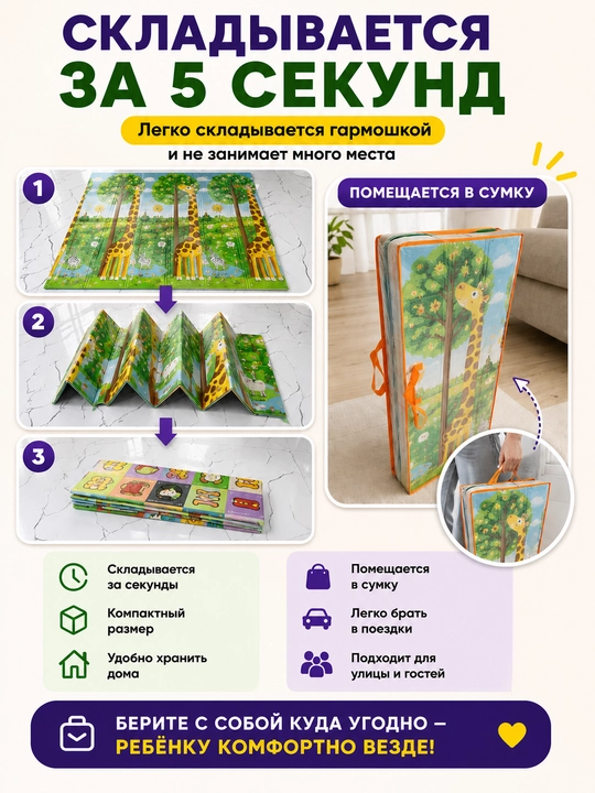 Развивающий детский коврик, складной, для ползания, 180×200, двусторонний, для детей