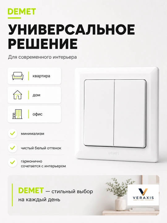 DEMET выключатель света 1-2 клавишный, скрытый монтаж, 1 шт